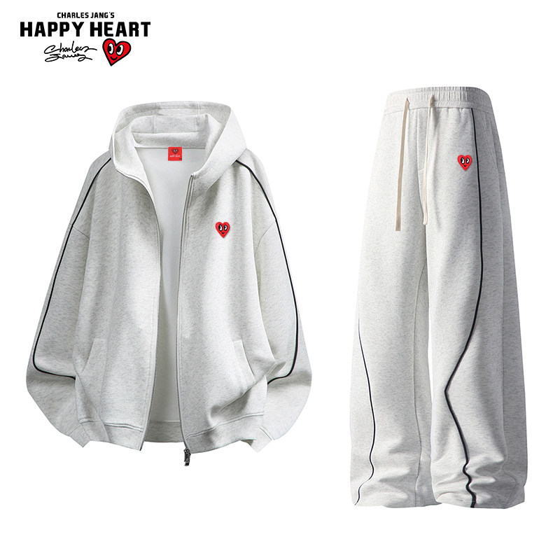 查尔斯桃心美式加绒加厚秋冬休闲运动套装男女连帽开衫卫衣两件套