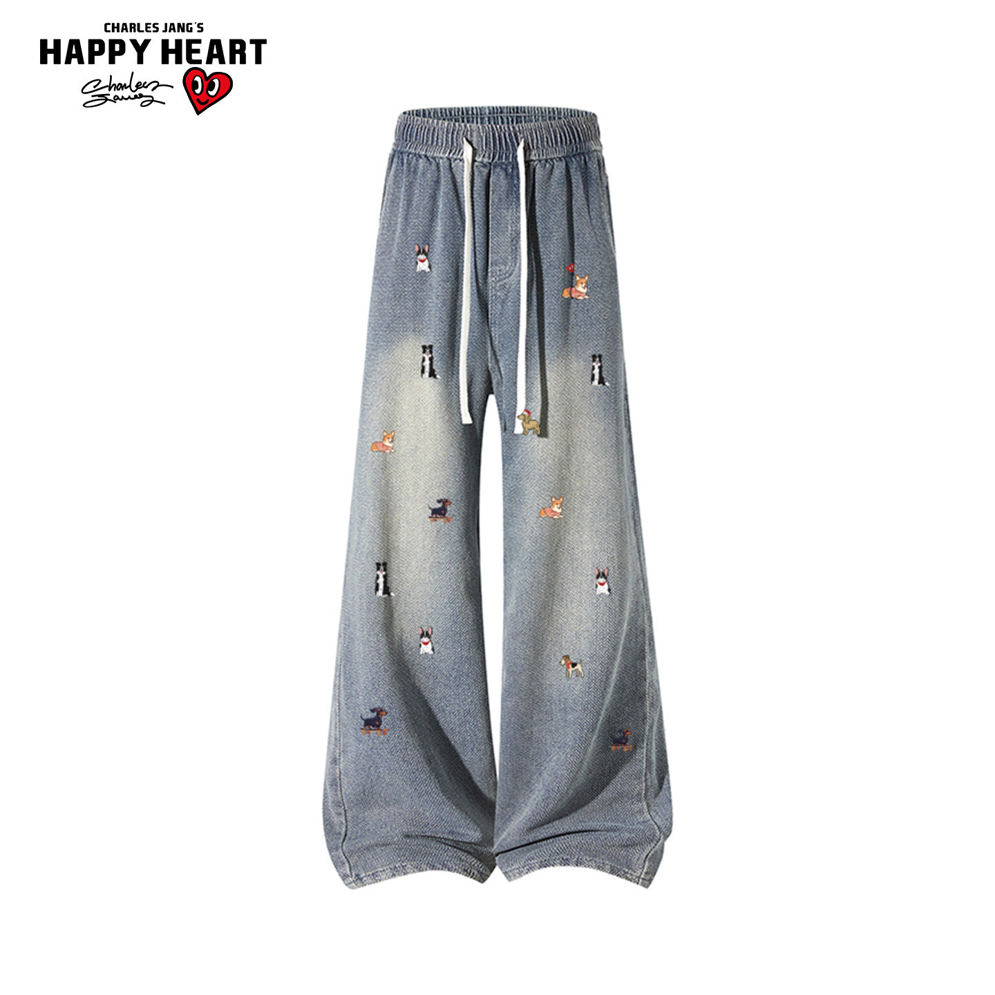 查尔斯桃心美式复古牛仔裤男春秋季休闲工装刺绣重磅直筒阔腿长裤