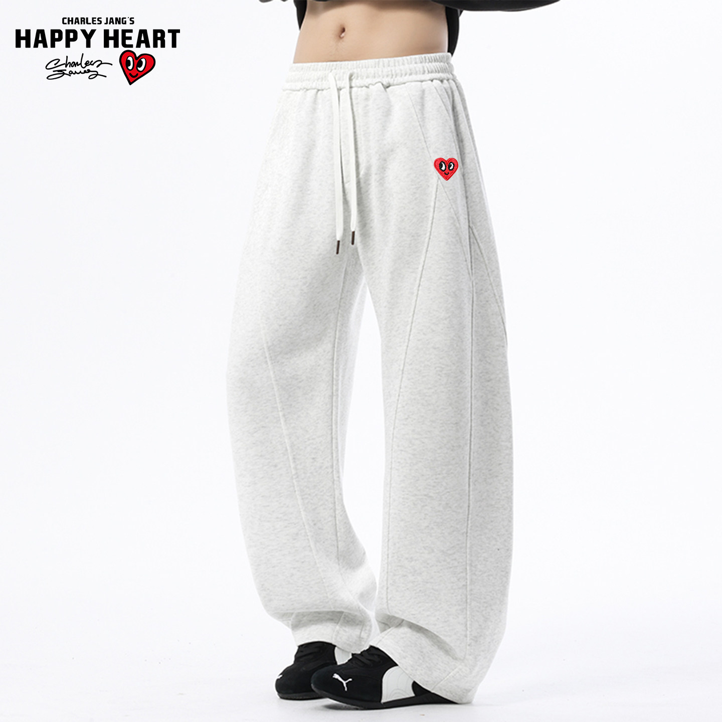 查尔斯桃美式针织运动弯刀裤子男女秋冬季加绒加厚阔腿休闲卫裤