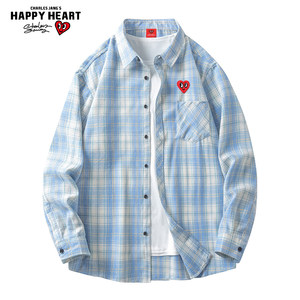 查尔斯桃心美式长袖衬衫男士春秋夏季薄款宽松休闲格子衬衣女外套