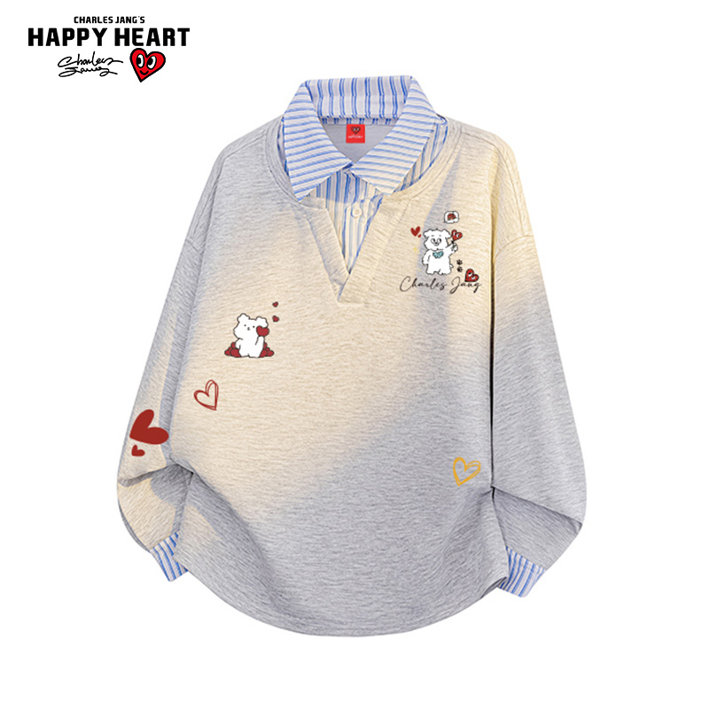 查尔斯桃心 美式假两件衬衫领卫衣男女卡通童趣印花宽松百搭情侣