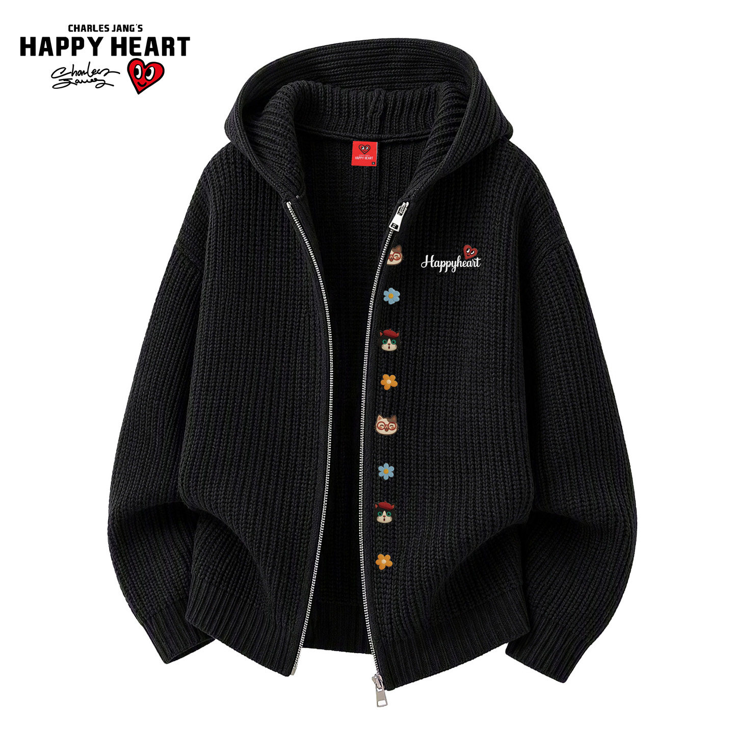 查尔斯桃心美式连帽毛衣外套男女秋季肌理感童趣小猫针织开衫上衣