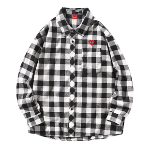 查尔斯桃心 黑白格子长袖衬衫男女2026春季新款翻领情侣衬衣外套