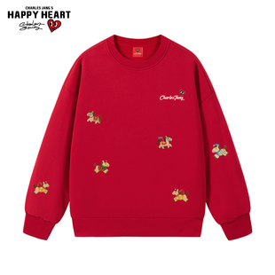 查尔斯桃心爱心小马贺岁款红色圆领加绒卫衣男女春秋马年宽松上衣