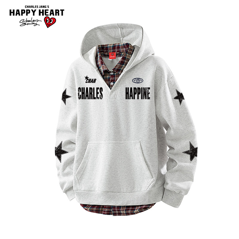 查尔斯桃心美式星星字母印花假两件连帽卫衣男女春秋季休闲外套
