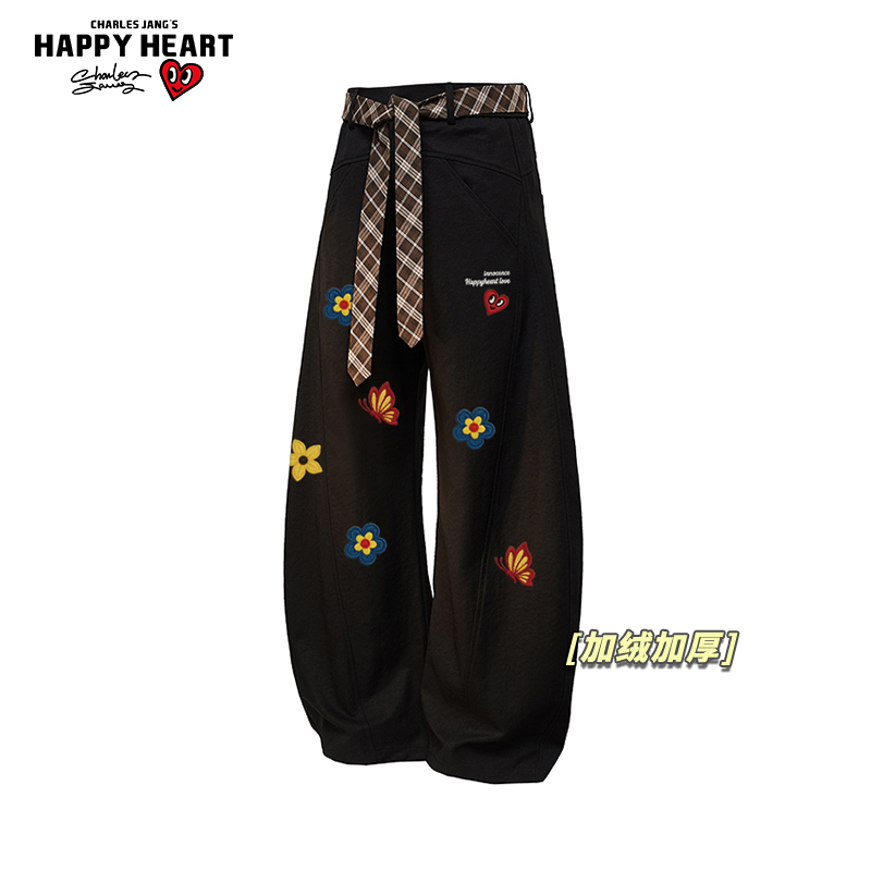 查尔斯桃心花卉印花弯刀裤加绒加厚男女冬季