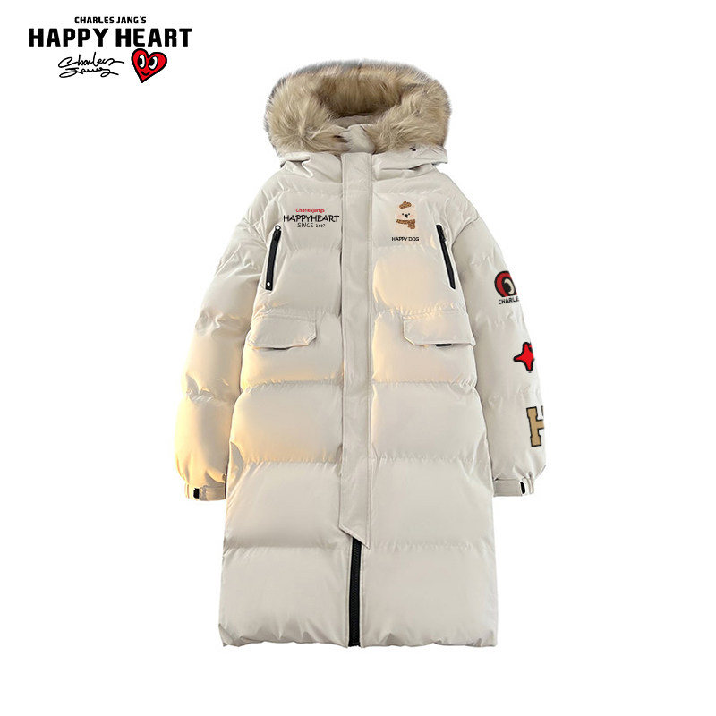 查尔斯桃心趣味印花中长款棉衣男女冬季新款宽松加厚百搭过膝外套