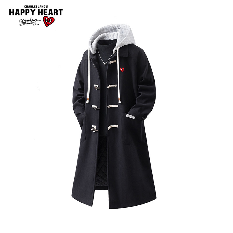 查尔斯桃心中长款连帽牛角扣呢子大衣男女冬季新款休闲棉服外套潮