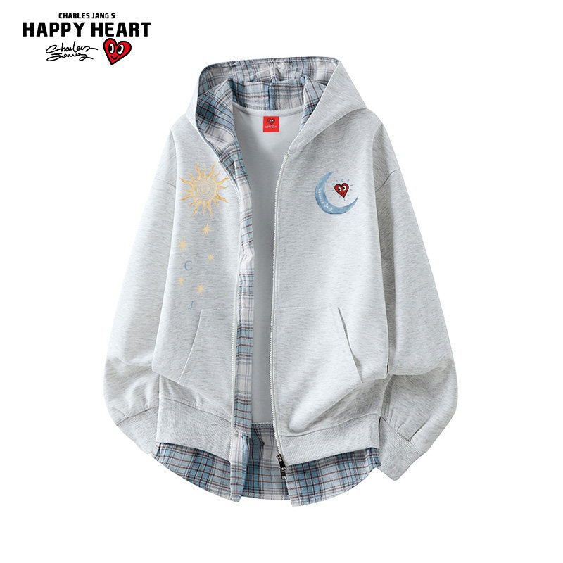 查尔斯桃心 日月印花假两件格子开衫卫衣男女秋冬季休闲情侣外套