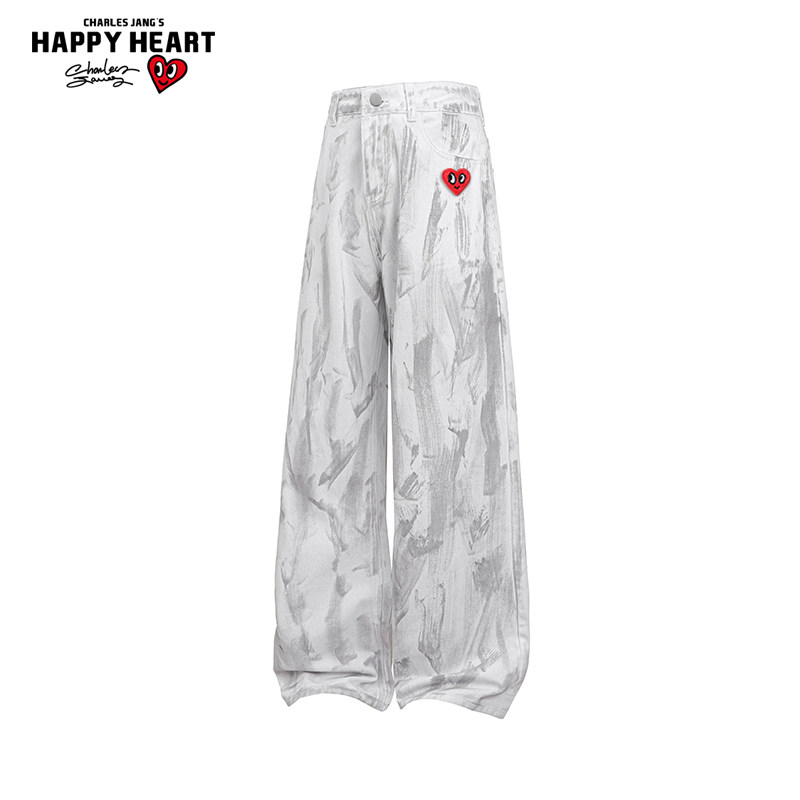 查尔斯桃心扎染白色牛仔裤男美式复古宽松休闲百搭直筒潮流长裤子