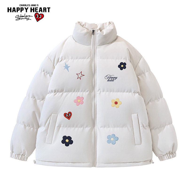 查尔斯桃心 花朵印花立领棉服男冬季加厚保暖面包服棉袄情侣外套