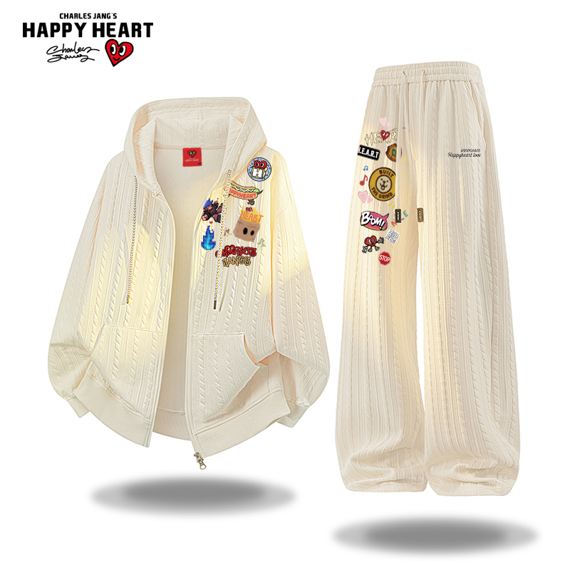 查尔斯桃心美式开衫印花卫衣套装男女秋冬季