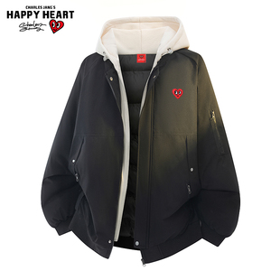 查尔斯桃心 假两件连帽夹克棉服男女秋冬季潮牌宽松加厚棉衣外套