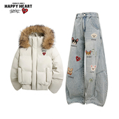 查尔斯桃心美式 情侣弯刀牛仔裤 加厚毛领棉衣服休闲两件套装 男冬季