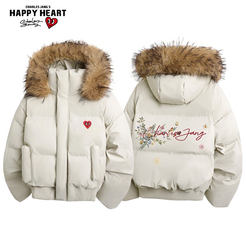 查尔斯桃心毛领连帽PU皮棉衣男女