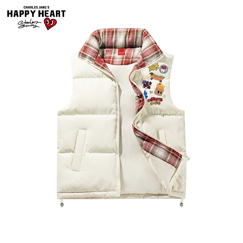 查尔斯桃心 勇者图章格子纹棉马甲男女冬季保暖加厚情侣外套棉服