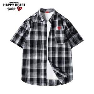 查尔斯桃心 经典黑白格子短袖衬衫男2024年夏季翻领宽松休闲衬衣