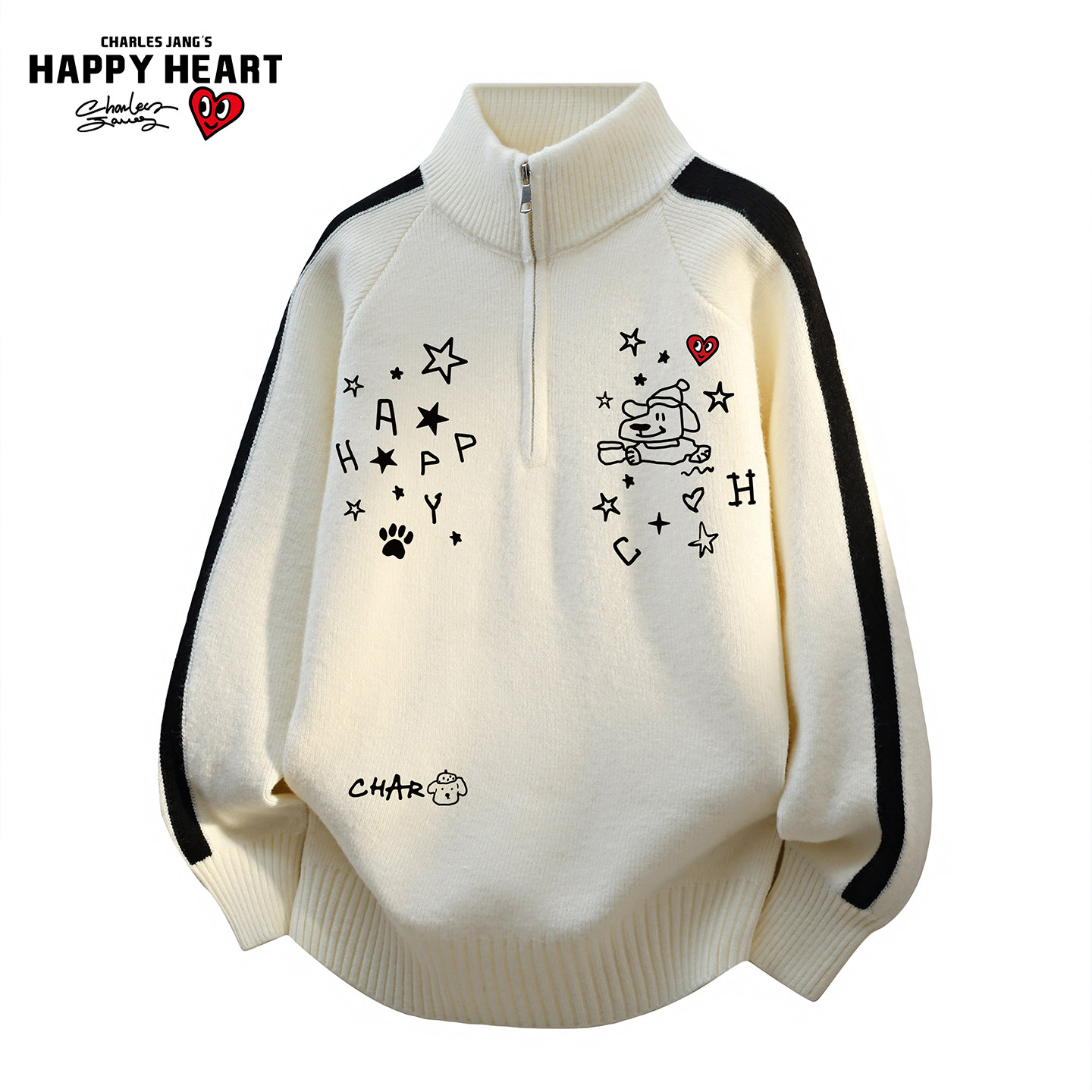 查尔斯桃心立领毛衣秋冬小狗星星印花设计感高街撞色情侣针织衫潮,男装,针织衫/毛衣,淘宝优惠券,粉丝福利购,淘宝优惠卷