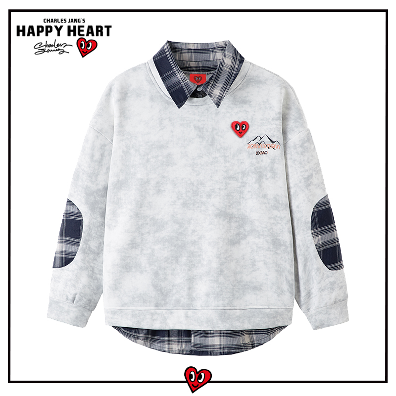 查尔斯桃心格子假两件拼接卫衣男春秋季扎染宽松休闲衬衫领上衣服