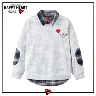 查尔斯桃心格子假两件拼接卫衣男春秋季扎染宽松休闲衬衫领上衣服