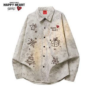 查尔斯桃心美式扎染泡泡格翻领长袖衬衫春夏秋季休闲衬衣男女外套