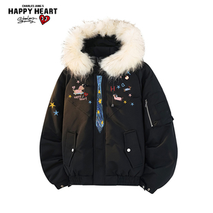 查尔斯桃心趣味印花90羽绒服男女冬季2025新款宽松保暖加厚外套潮