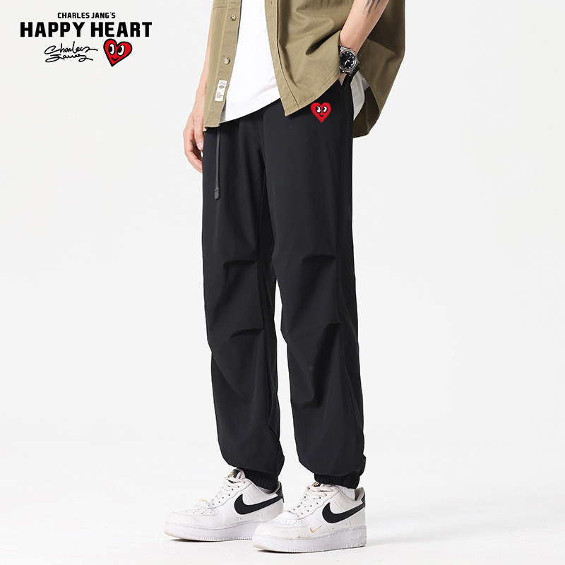 查尔斯桃心褶皱冰丝伞兵裤男夏季新款宽松速干透气休闲束脚九分裤