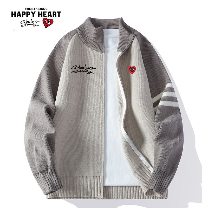 查尔斯桃心撞色拼接条纹开衫毛衣