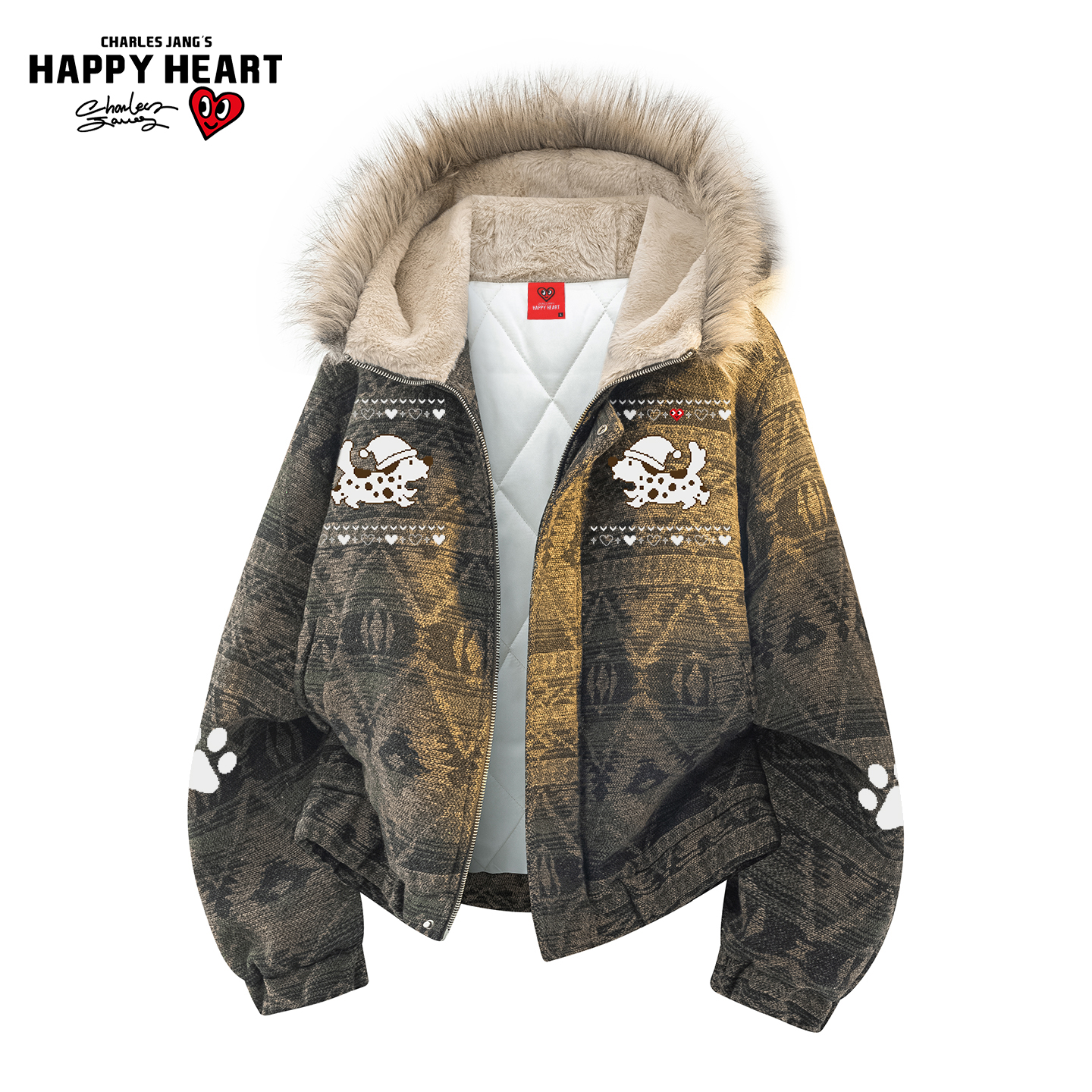 查尔斯桃心连帽毛领民族风棉衣