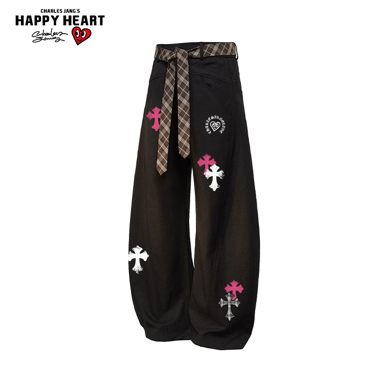 查尔斯桃心十字架印花潮牌休闲弯刀裤男女春秋季2026新款直筒裤子