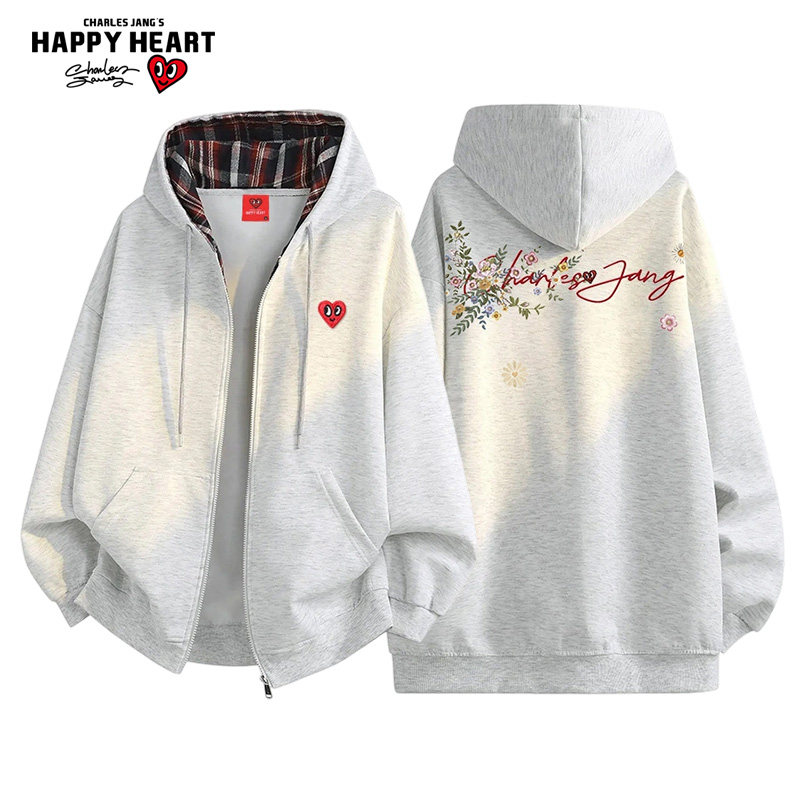 查尔斯桃心撞色格子加绒加厚开衫卫衣男手绘字母印花连帽新款外套