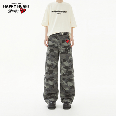 查尔斯桃心美式复古迷彩伞兵工装裤男女春秋直筒宽松休闲长裤子