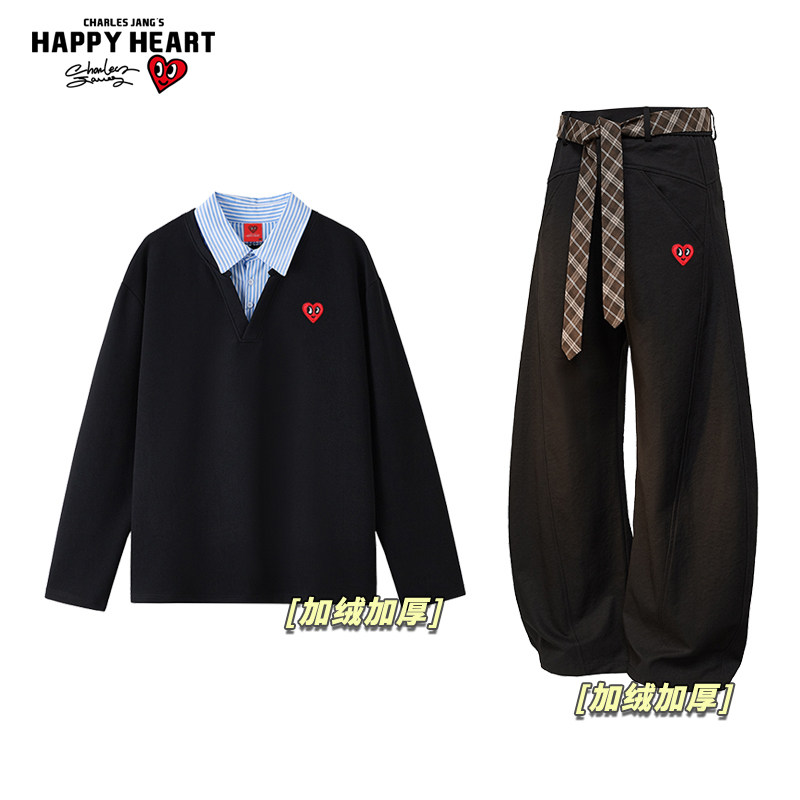 查尔斯桃心加绒加厚休闲套装冬季男女假两件卫衣宽松直筒休闲裤子