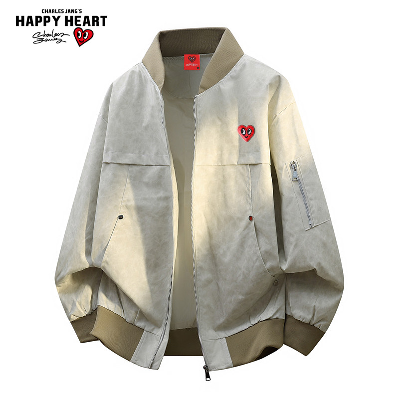 查尔斯桃心美式复古高街棒球领夹克男春秋季百搭休闲宽松情侣外套