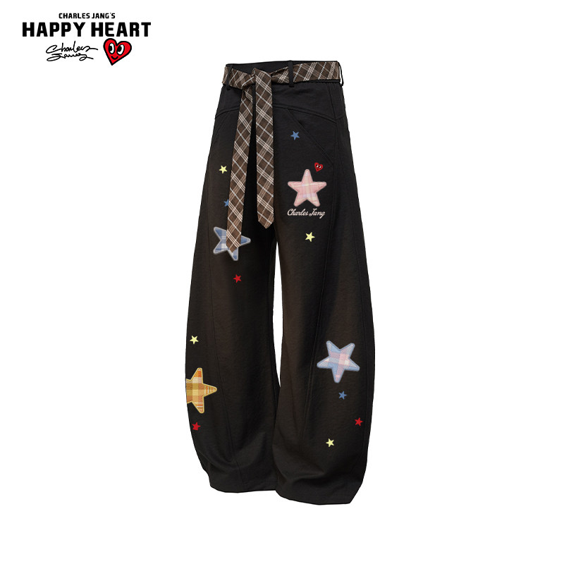查尔斯桃心彩色星星印花休闲弯刀裤男女春秋季2026新款直筒长裤子
