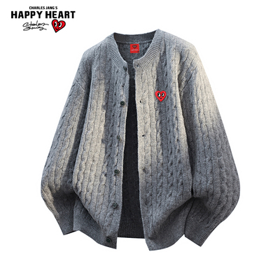 查尔斯桃心美式麻花开衫毛衣男女秋冬季慵懒休闲新款针织衫外套潮
