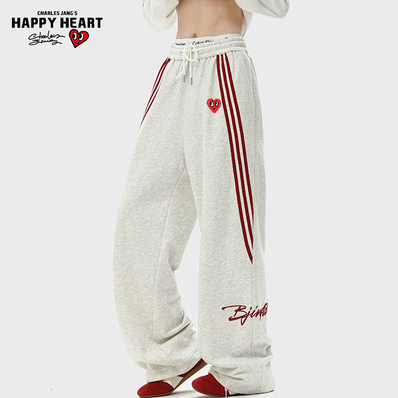 查尔斯桃心 美式条纹运动卫裤男春秋季高街宽松直筒休闲阔腿长裤