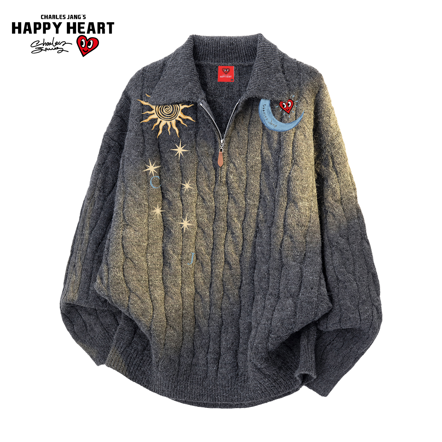 查尔斯桃心日月印花毛衣男翻领冬季新款麻花纹潮牌情侣针织衫上衣