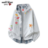 查尔斯桃心假两件格子卡通涂鸦开衫 连帽卫衣男女秋冬加绒休闲外套