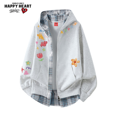 查尔斯桃心格子涂鸦开衫连帽卫衣