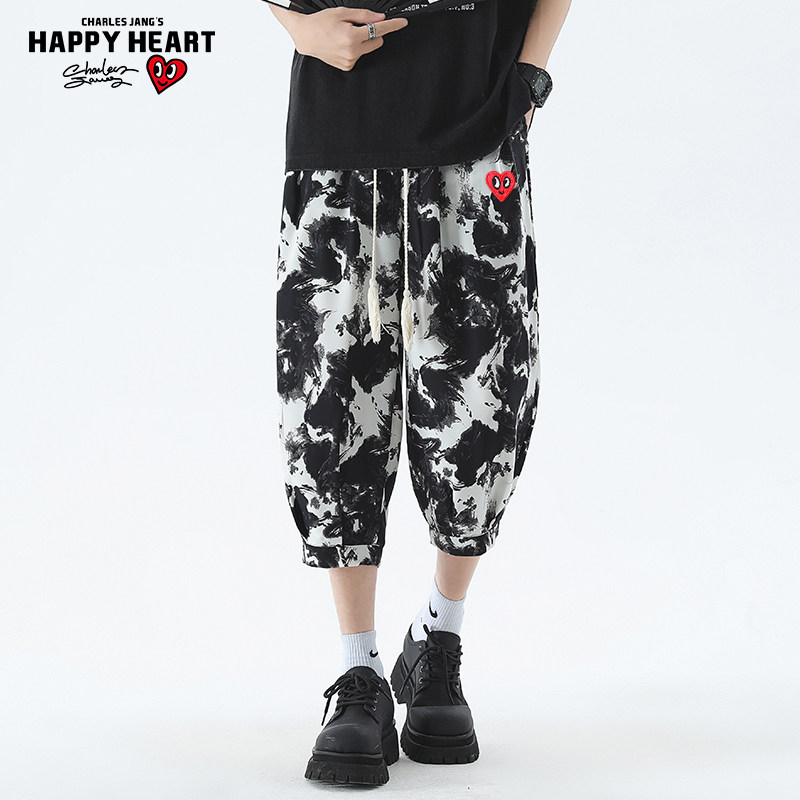 查尔斯桃心 休闲七分长裤子男不规则图案斑马纹抽绳宽松情侣百搭