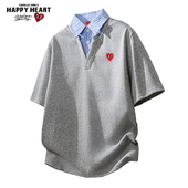 衬衫 情侣夏季 短袖 查尔斯桃心 t恤男翻领假俩件学院风格 子半袖 新款