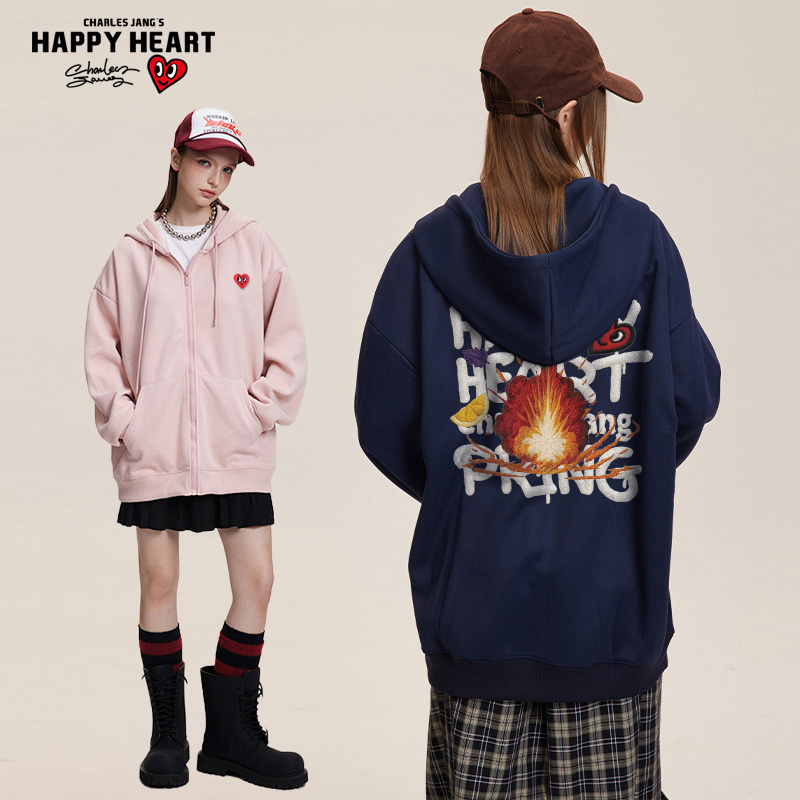 查尔斯桃心仿刺绣印花开衫卫衣男