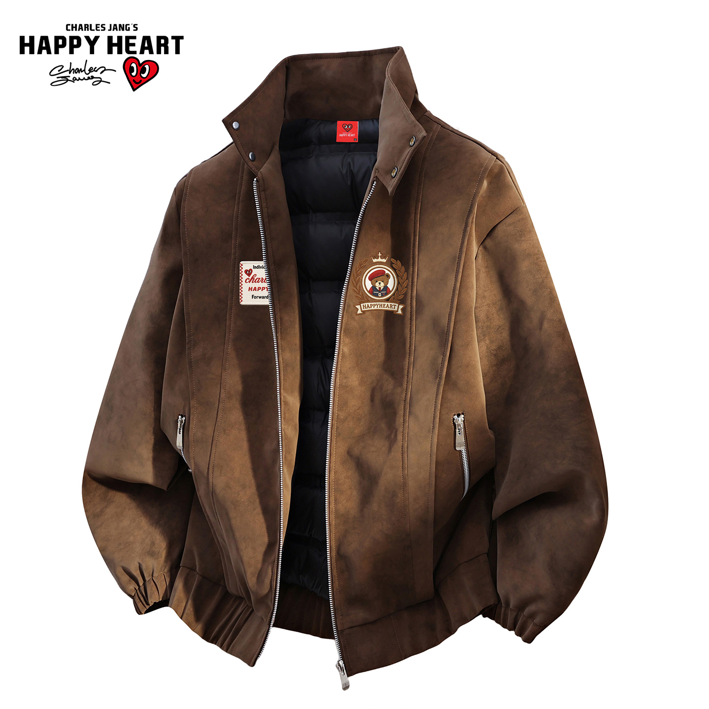 查尔斯桃心美式立领PU皮羽绒服