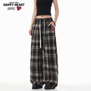 查尔斯桃心美式格子休闲裤男女春秋季新款宽松直筒百搭情侣长裤子