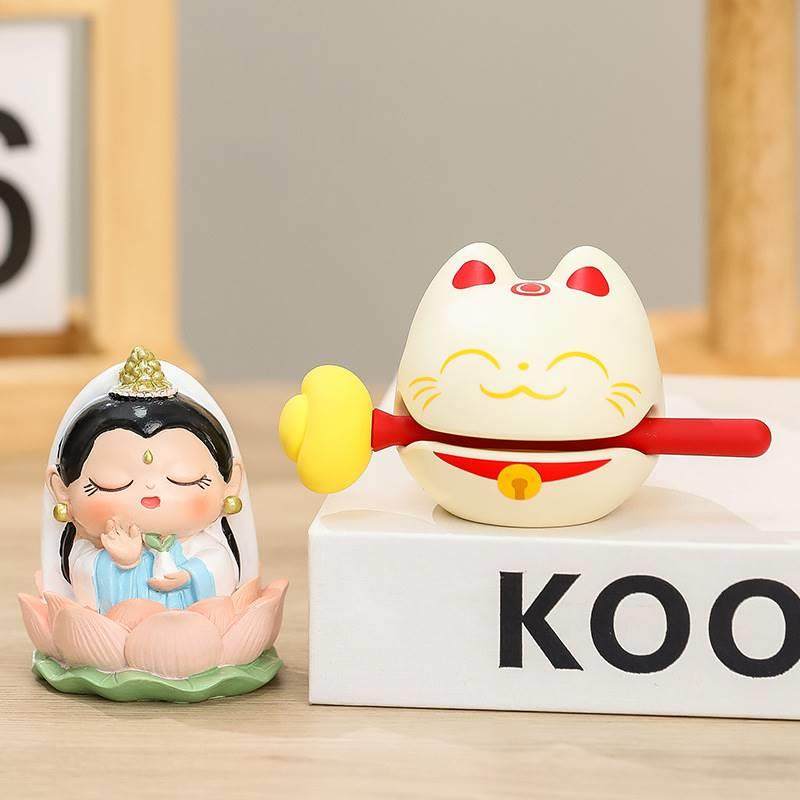 欢喜小神仙财神爷摆件好运莲莲办公室工位家用桌面静心小木鱼