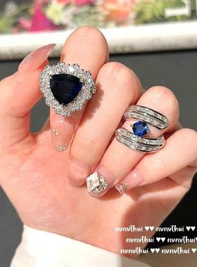 斯里兰卡蓝花朵宝石戒指 古董感 镀18K金 海蓝繁花大克拉锆石项链