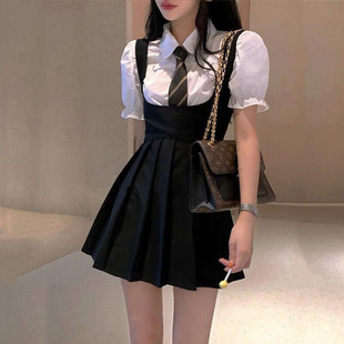 高街辣妹jk制服吊帶百褶裙泡泡袖 連衣裙套裝 女式 夏季 兩件 襯衫