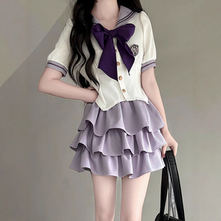 短袖 白色上衣紫色蛋糕裙JK制服 甜美蝴蝶結(jié)短款 日系JK學(xué)院制服套裝