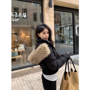 白鸭绒大毛领黑色羽绒服女2025年冬季中古感收腰短款保暖连帽外套